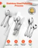 A collection of stainless steel cutlery arranged on a white cloth, with text overlays describing product features. Produktbild-Vorschau