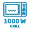 A graphic illustrating a microwave oven with text indicating its power and function. Voir les images du produit