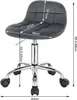 A dark gray office stool with wheels and dimensions indicated by measurement lines and text. Produktbild-Vorschau