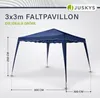 A blue pop-up tent is shown with dimensions indicated by lines and text. Podgląd zdjęcia produktu