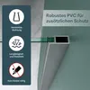 A close-up view of a shower door seal attached to a glass panel and a metal frame, with marketing text and icons highlighting product features. Produktbild-Vorschau