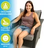 A woman is sitting on an outdoor lounge chair with cushions. There are three circular icons with text next to her, highlighting product features. Produktbild-Vorschau