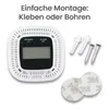 A white carbon monoxide detector with a digital display and mounting accessories (screws, wall plugs, adhesive pads) are shown against a white background. Text above the detector describes installation options. Voir les images du produit