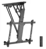 A motorized, foldable ceiling mount for a television, shown against a white background. A remote control is visible to the right. Produktbild-Vorschau