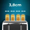 A toaster with four slices of bread in it, with a measurement indicating the width of the slots. Produktbild-Vorschau