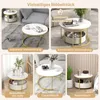 A collage of images showing a round coffee table with a marble-like top and gold legs, presented in various configurations and settings. Podgląd zdjęcia produktu