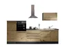 A modern kitchen unit with wooden cabinets, a silver range hood, and a sink. Produktbild-Vorschau