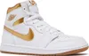 A white and gold high-top Nike Air Jordan 1 sneaker with a gum sole. Podgląd zdjęcia produktu