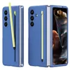 A blue phone case with a yellow stylus holder is shown from two angles. Produktbild-Vorschau