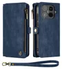 A blue wallet-style phone case with a zipper and a wrist strap. Produktbild-Vorschau