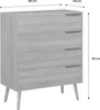 A grey-scale rendering of a wooden chest of drawers with dimensions indicated. Produktbild-Vorschau