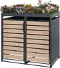 A multi-compartment trash bin enclosure with a planter on top, featuring doors with a wood-look finish. Produktbild-Vorschau