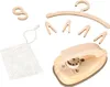 A collection of wooden toy laundry accessories, including an iron, clothes pegs, a hanger, a mesh bag, and a number '8'. Podgląd zdjęcia produktu
