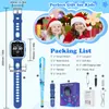 A marketing image showing a blue smartwatch for kids, with a packing list and two children in Santa hats in the background. Produktbild-Vorschau