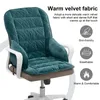 A teal office chair cushion with text and icons describing its features. Náhled obrázku produktu