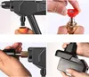 Collage of four close-up images showing assembly and parts of a cordless pressure washer. Podgląd zdjęcia produktu