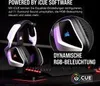 A gaming headset is displayed with promotional text and a close-up of its ear cup. Produktbild-Vorschau