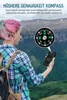 A person hiking in a mountainous landscape, holding a phone with a compass overlay. Produktbild-Vorschau