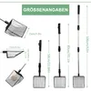 A size chart showing different lengths of a metal cat litter scoop with adjustable handles. Produktbild-Vorschau