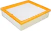 A rectangular air filter with a pleated white filter material and an orange frame. Produktbild-Vorschau