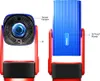 Two views of a mini projector with labels pointing out features. Náhled obrázku produktu