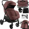 A burgundy MoMi CLARA buggy with accessories laid out around it on a white background. Náhľad obrázku produktu