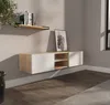 A modern living room with a wall-mounted TV lowboard and a shelf above it. Produktbild-Vorschau