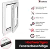 A white window frame with an open sash, next to a list of features with icons and text. Produktbild-Vorschau