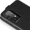Close-up of a black leather phone case, showing the camera cutout and side buttons. Produktbild-Vorschau