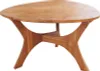 A wooden coffee table with a triangular top and a unique base. Produktbild-Vorschau