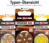 A product image showing three different types of hearing aid batteries in their packaging. Produktbild-Vorschau