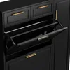 A close-up, angled view of a black shoe cabinet with gold handles. One of the flip-down drawers is open, revealing two compartments. Podgląd zdjęcia produktu
