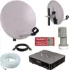 A collection of satellite TV equipment and accessories, including a satellite dish, LNB, receiver, and cables. Produktbild-Vorschau