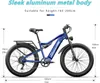 A blue electric mountain bike with dimensions and height suitability indicated by text overlays. Produktbild-Vorschau