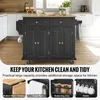 A black kitchen island cart with a wooden top is shown in a kitchen setting. The image includes text overlays highlighting features. Produktbild-Vorschau