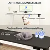 The image is split into two sections, showcasing features of a height-adjustable desk. The top section demonstrates the anti-collision system with a dog, and the bottom section highlights the quiet height adjustment with a sleeping cat and decorative plant Náhled obrázku produktu