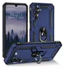 A blue rugged phone case with a ring holder is displayed from multiple angles, with a phone showing a lock screen in the background. Produktbild-Vorschau