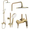 A collage of different views of a gold-colored shower set, including a shower head, hand shower, and faucet. Náhľad obrázku produktu