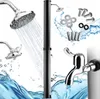 A collage of images showing a solar shower, its components, and water effects.