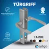 A product image for a door handle, showcasing its design and available colors, with accompanying text and icons highlighting features and quality. Anteprima dell’immagine prodotto
