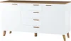 A white sideboard with wooden legs and a wooden top, featuring four drawers and one door. Náhled obrázku produktu