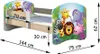 A child's bed with cartoon animal graphics on the headboard and footboard, with dimensions indicated by arrows and text. Produktbild-Vorschau