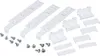A collection of white plastic mounting brackets and silver screws are laid out on a white background. Náhled obrázku produktu