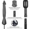 Collage of images showing details of a gray umbrella, including its folded state, a tie strap, a pole connection, and metal tubes. Produktbild-Vorschau