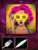A pop art style image of a woman with pink hair and yellow sunglasses that say 'WOW'. The image is framed by a neon pink outline. Below the main image are two smaller images showing a USB cable and a remote control with buttons. Voir les images du produit