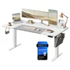 A modern, white, adjustable standing desk with multiple monitors, a laptop, accessories, and a promotional badge. Produktbild-Vorschau