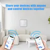 A modern living room with a sofa, coffee table, and a smart thermostat on the wall, with two smartphones displaying thermostat controls. Produktbild-Vorschau