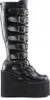 A studio shot of a single black boot with multiple buckles and a high platform sole. Náhled obrázku produktu