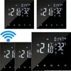 A collage of digital thermostat displays, some with a WiFi symbol. Produktbild-Vorschau
