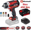 A product image showcasing a cordless impact wrench with accessories, a battery, and a charger, along with marketing text and seals. Produktbild-Vorschau